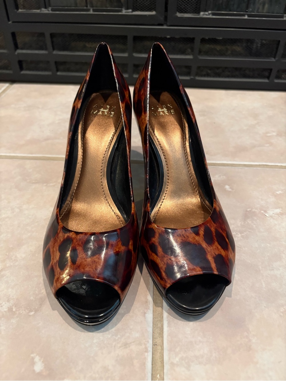 Alex Marie Leopard Print Peep-Toe Heels in Brown and Black